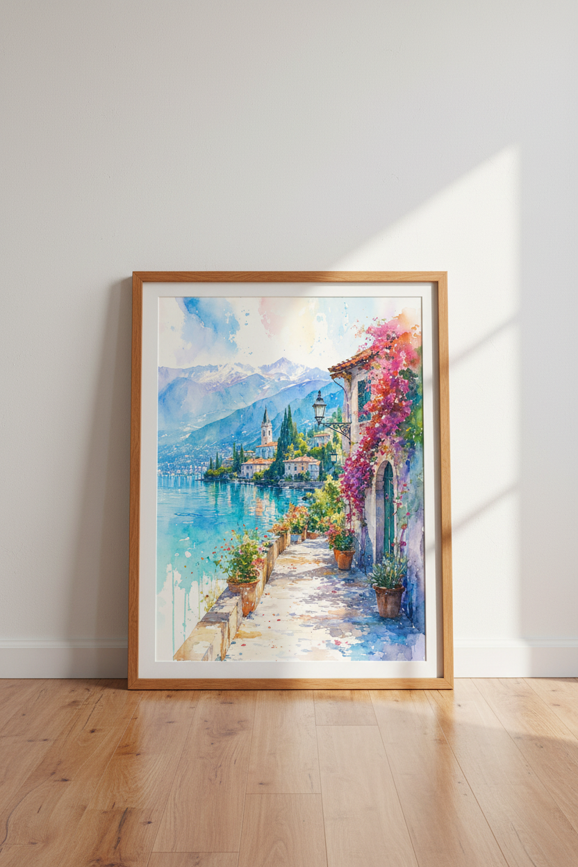Italy Lake Como Watercolor Wall Art Print | Coastal Room Decor | Mediterranean Poster
