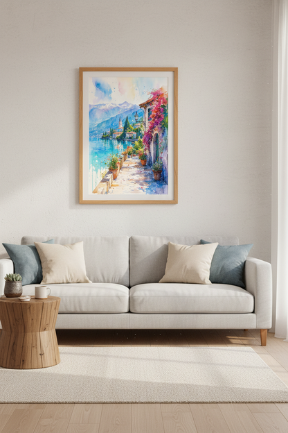 Italy Lake Como Watercolor Wall Art Print | Coastal Room Decor | Mediterranean Poster