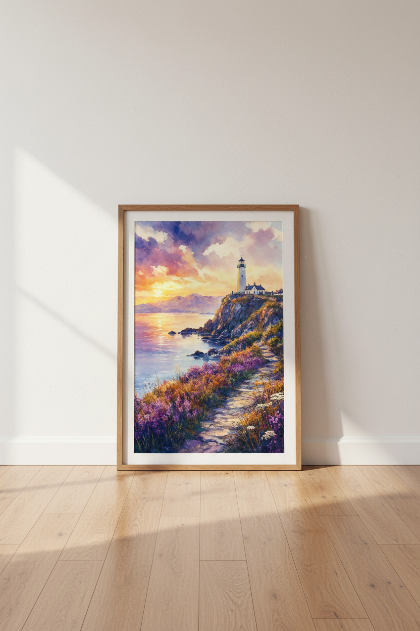Lighthouse Landscape | Purple Sunset Watercolor, Coastal Bedroom Decor