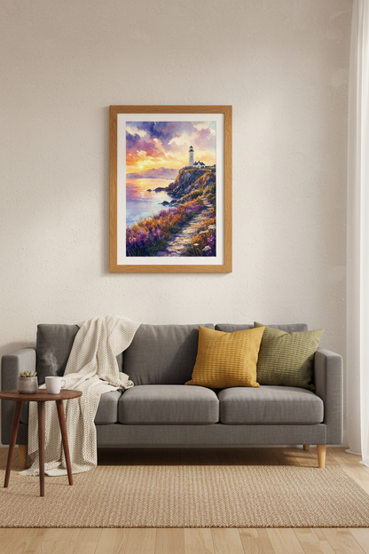 Lighthouse Landscape | Purple Sunset Watercolor, Coastal Bedroom Decor