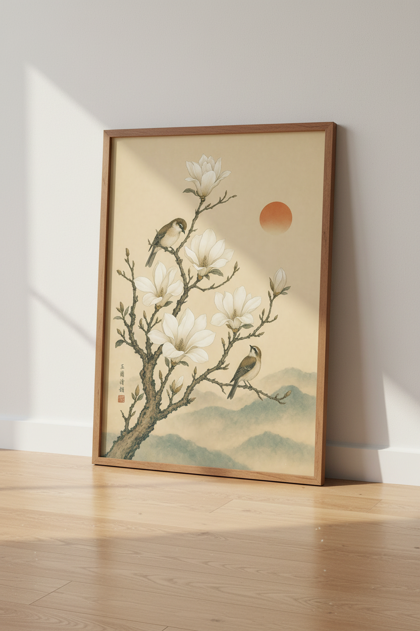 Magnolia &amp; Birds | Asian Floral Vintage Style, Zen Bedroom Wall Art Print