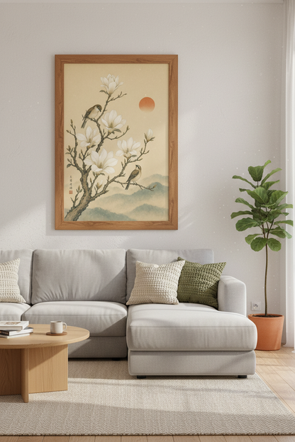 Magnolia &amp; Birds | Asian Floral Vintage Style, Zen Bedroom Wall Art Print