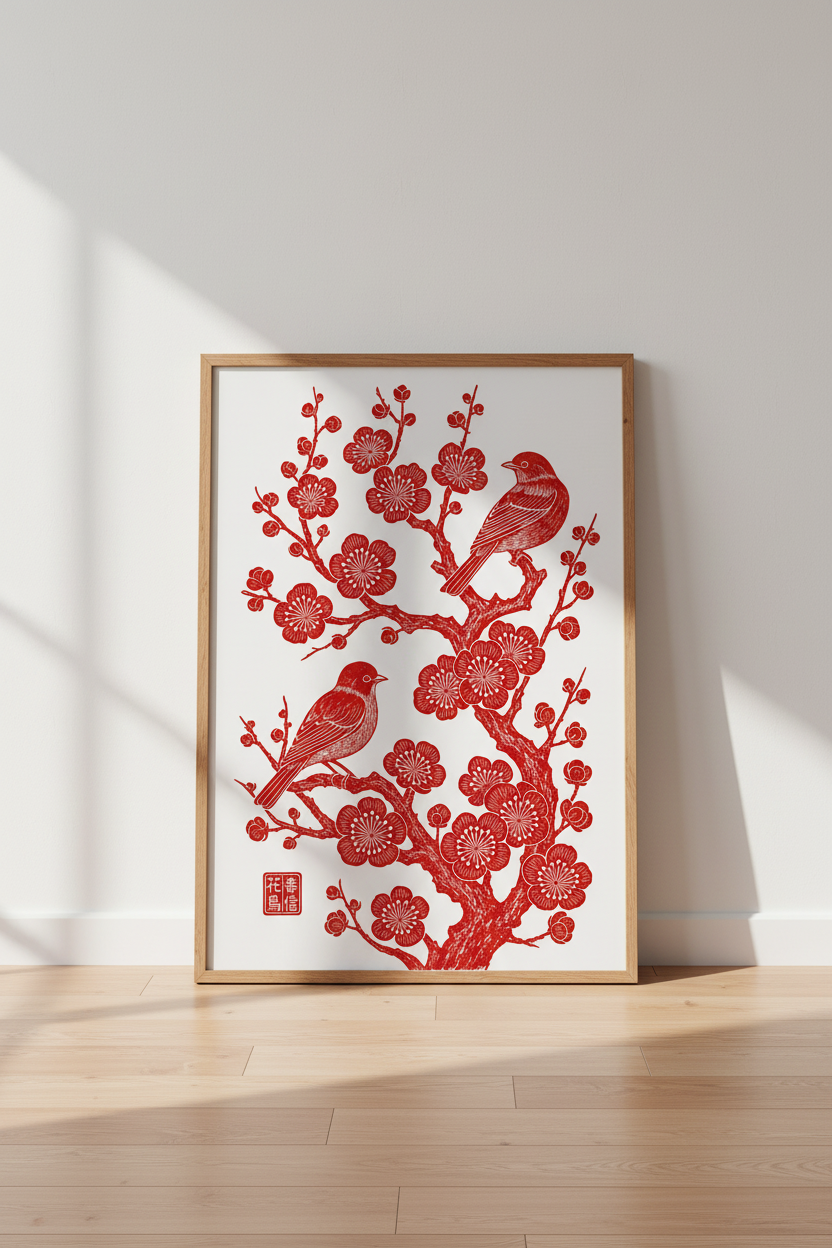 Red Birds &amp; Cherry Blossom Wall Art | Woodblock Style Print, Asian Inspired Decor