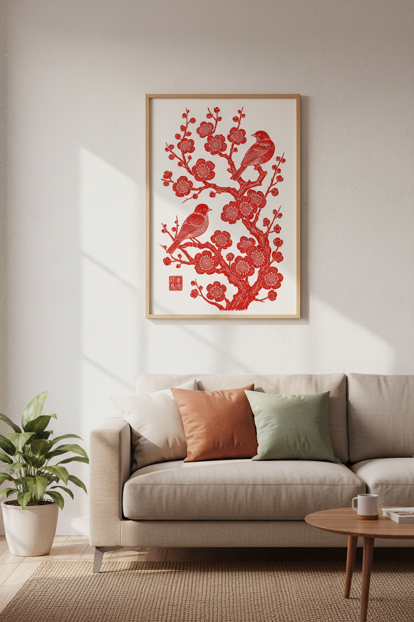 Red Birds &amp; Cherry Blossom Wall Art | Woodblock Style Print, Asian Inspired Decor