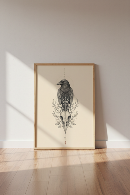Gothic Raven Skull Wall Art Print | Dark Academia Home Decor | Macabre Bird Poster
