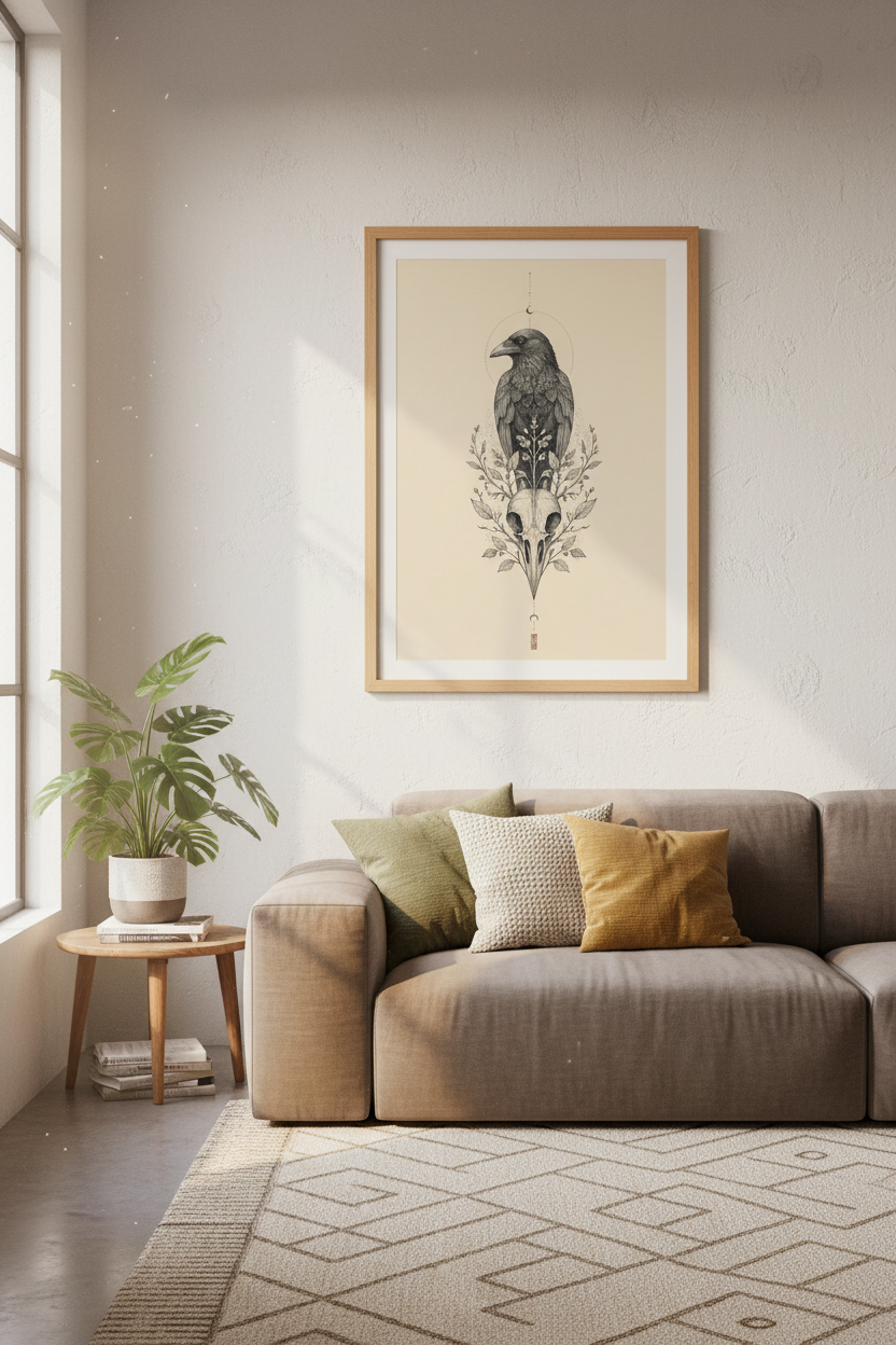 Gothic Raven Skull Wall Art Print | Dark Academia Home Decor | Macabre Bird Poster