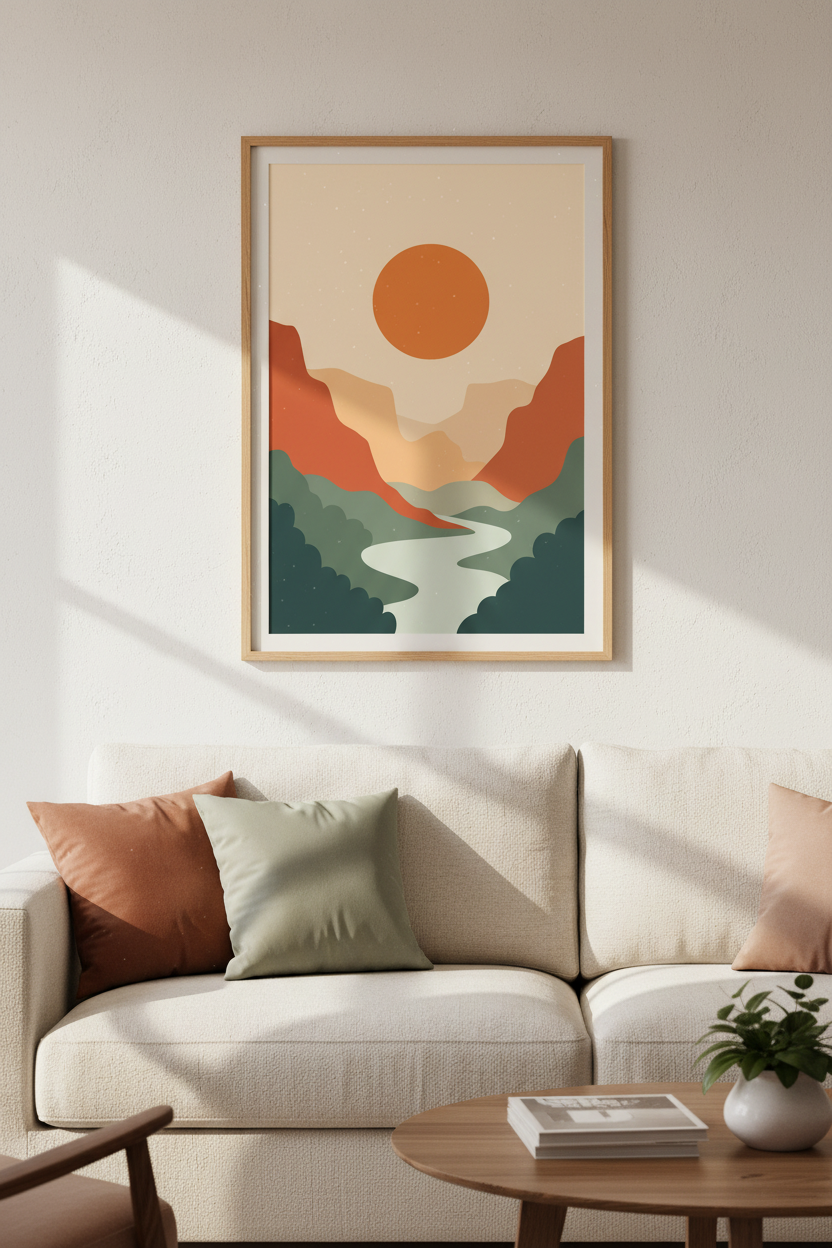 Abstract Mountain Sun Wall Art Print | Boho Terracotta Decor | Minimalist Poster