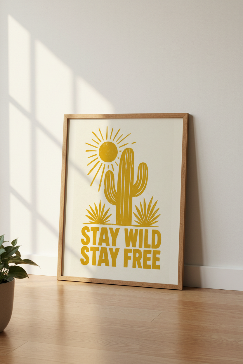 Stay Wild Stay Free Cactus Wall Art | Mustard Yellow Boho Decor | Desert Poster