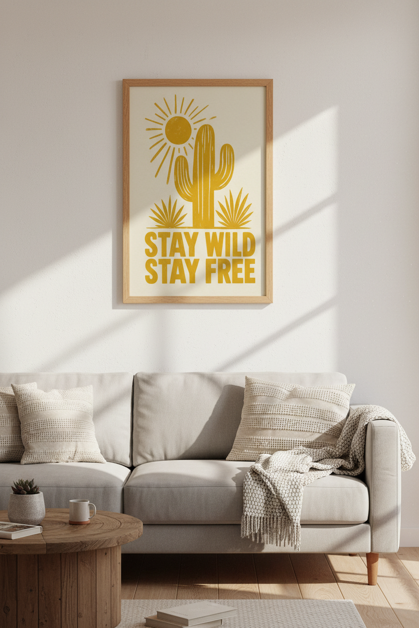 Stay Wild Stay Free Cactus Wall Art | Mustard Yellow Boho Decor | Desert Poster