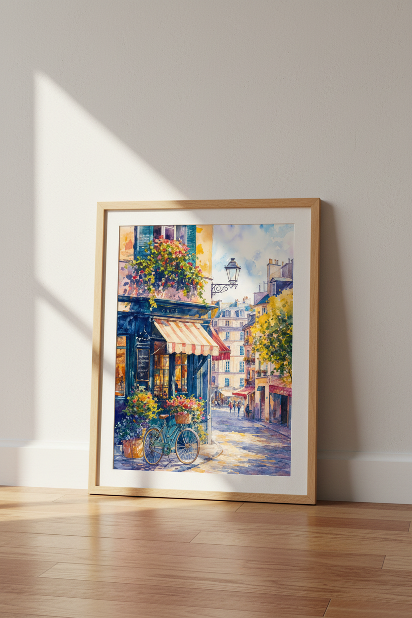 French Cafe Watercolor Wall Art | Paris Street Poster | Romantic Kitchen Decor