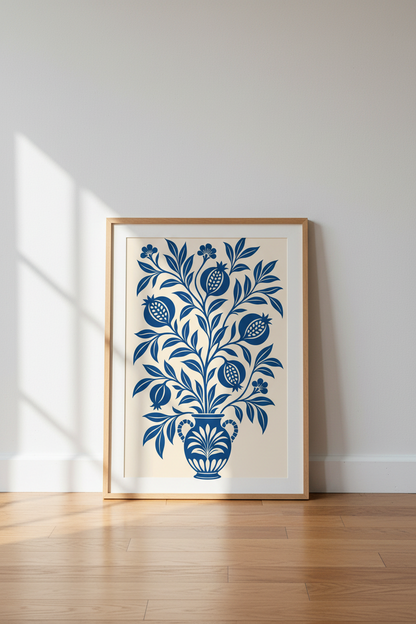 Blue Pomegranate Botanical Wall Art | Mediterranean Vase Poster, Living Room Decor