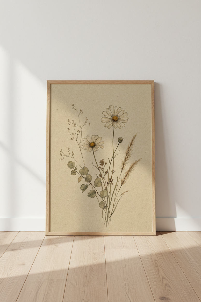 Vintage Wildflower Botanical Print | Beige Meadow Floral Art, Cottagecore Decor Poster