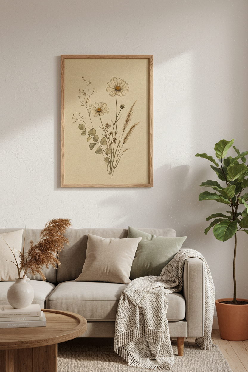 Vintage Wildflower Botanical Print | Beige Meadow Floral Art, Cottagecore Decor Poster
