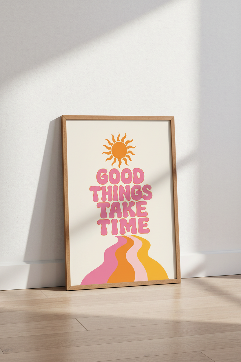 Good Things Take Time Retro Wall Art | Pink &amp; Orange Boho Poster, Groovy Room Decor