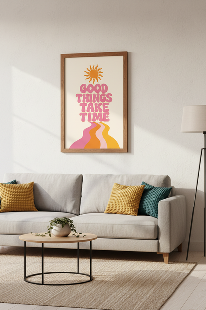 Good Things Take Time Retro Wall Art | Pink &amp; Orange Boho Poster, Groovy Room Decor