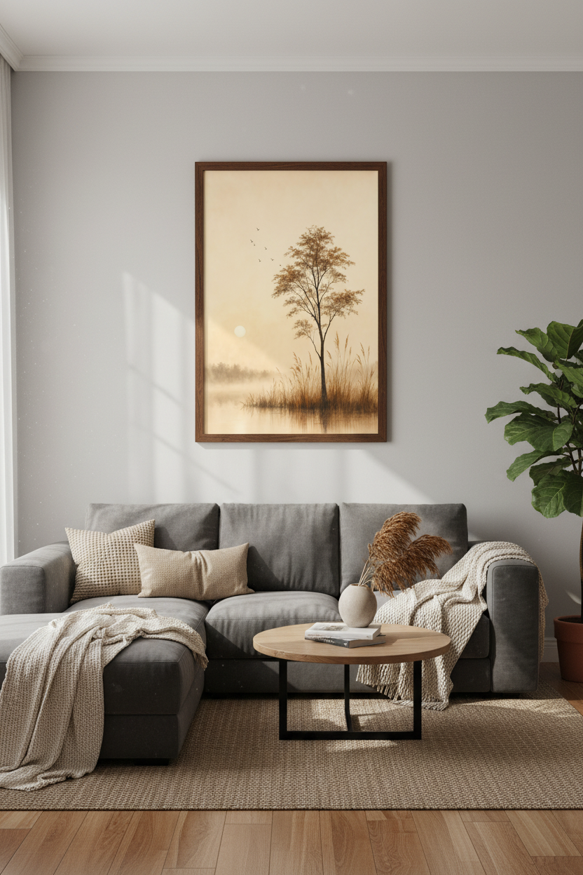 Minimalist Tree Sunset Wall Art | Sepia Landscape Decor | Zen Nature Poster
