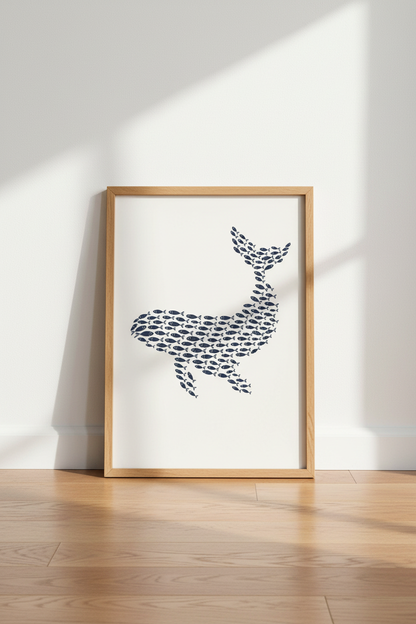 Whale Fish School Wall Art | Navy Nautical Decor | Coastal Nursery Poster