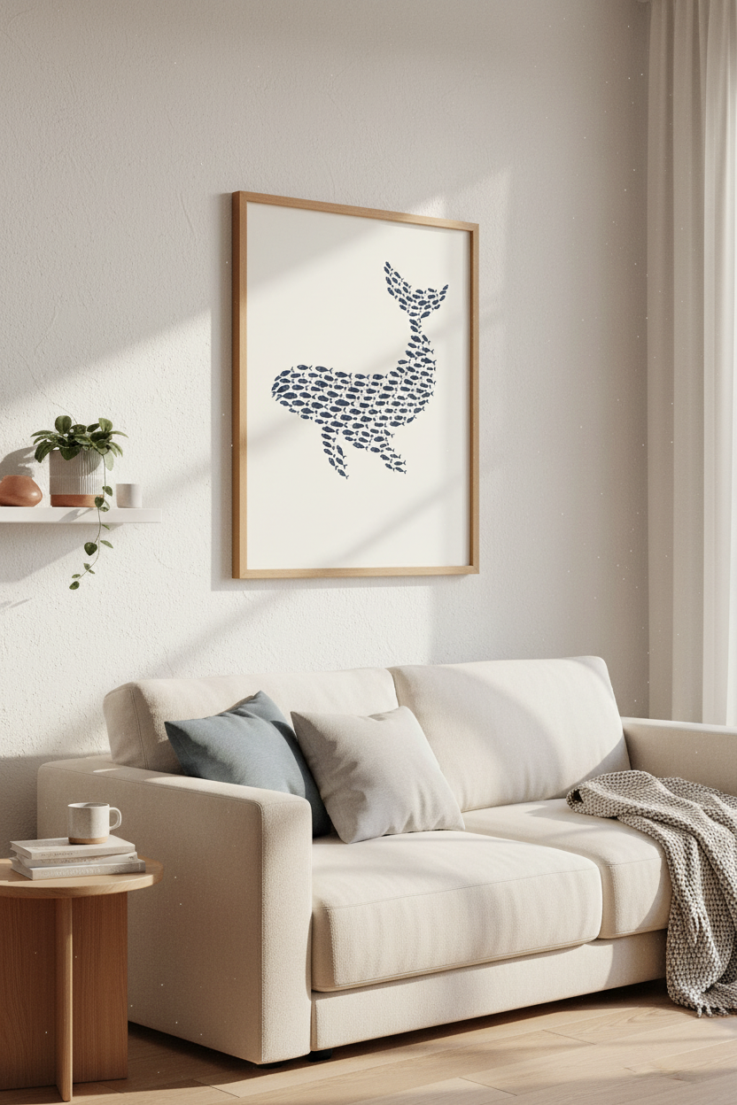 Whale Fish School Wall Art | Navy Nautical Decor | Coastal Nursery Poster
