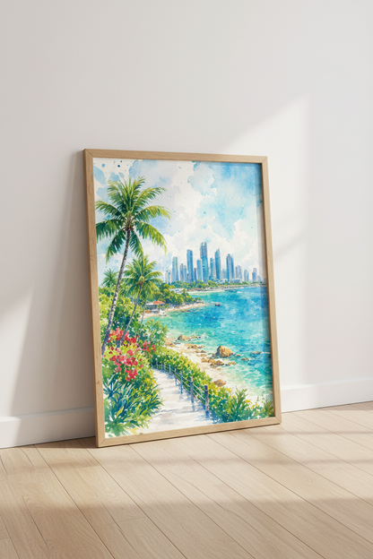 Tropical City Skyline Watercolor Art | Teal Coastal Wall Decor, Summer Beach Poster