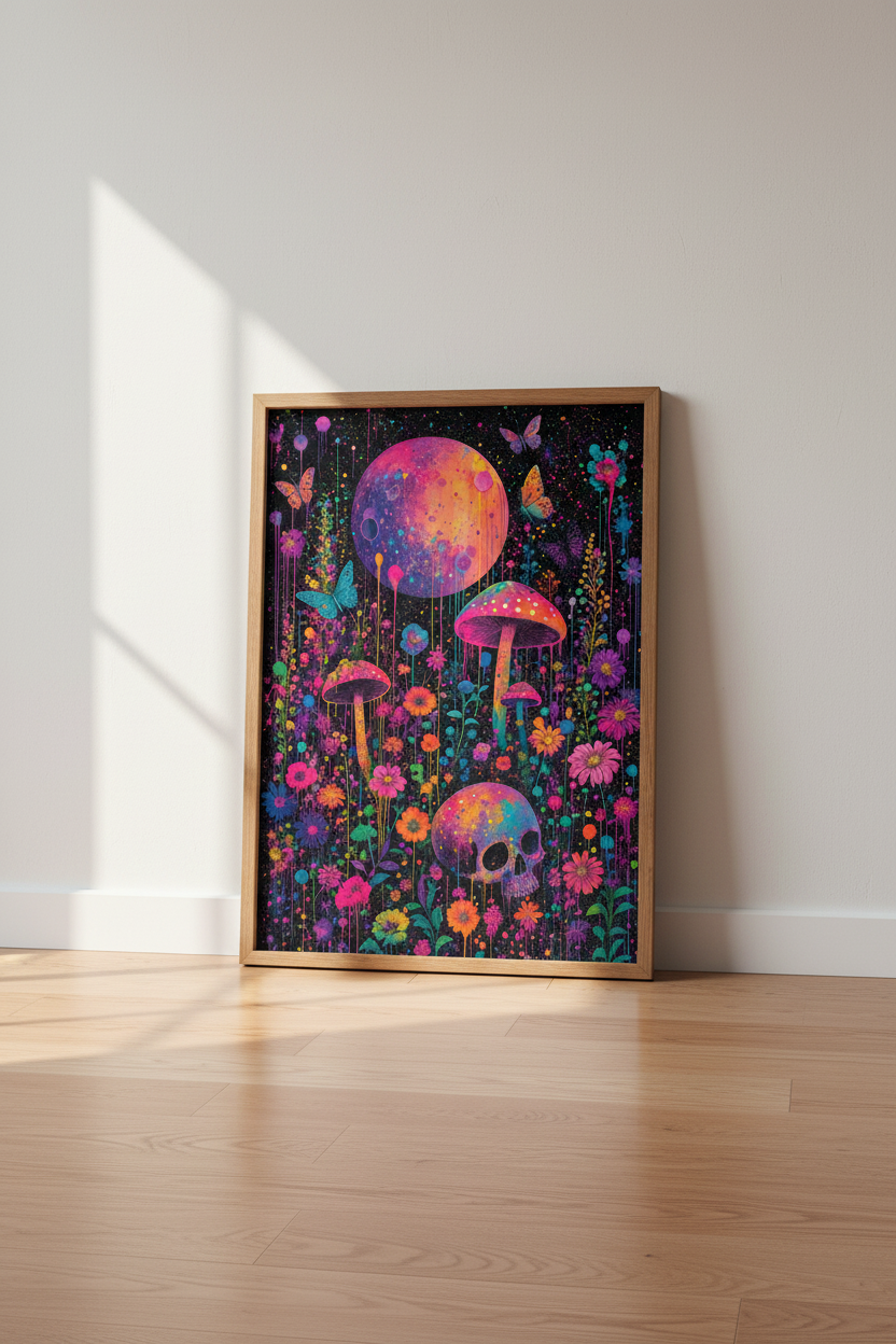 Psychedelic Skull &amp; Moon Wall Art | Neon Mushroom Poster, Maximalist Decor