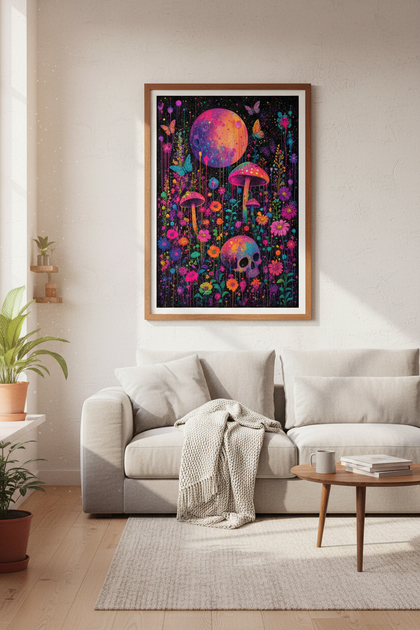 Psychedelic Skull &amp; Moon Wall Art | Neon Mushroom Poster, Maximalist Decor