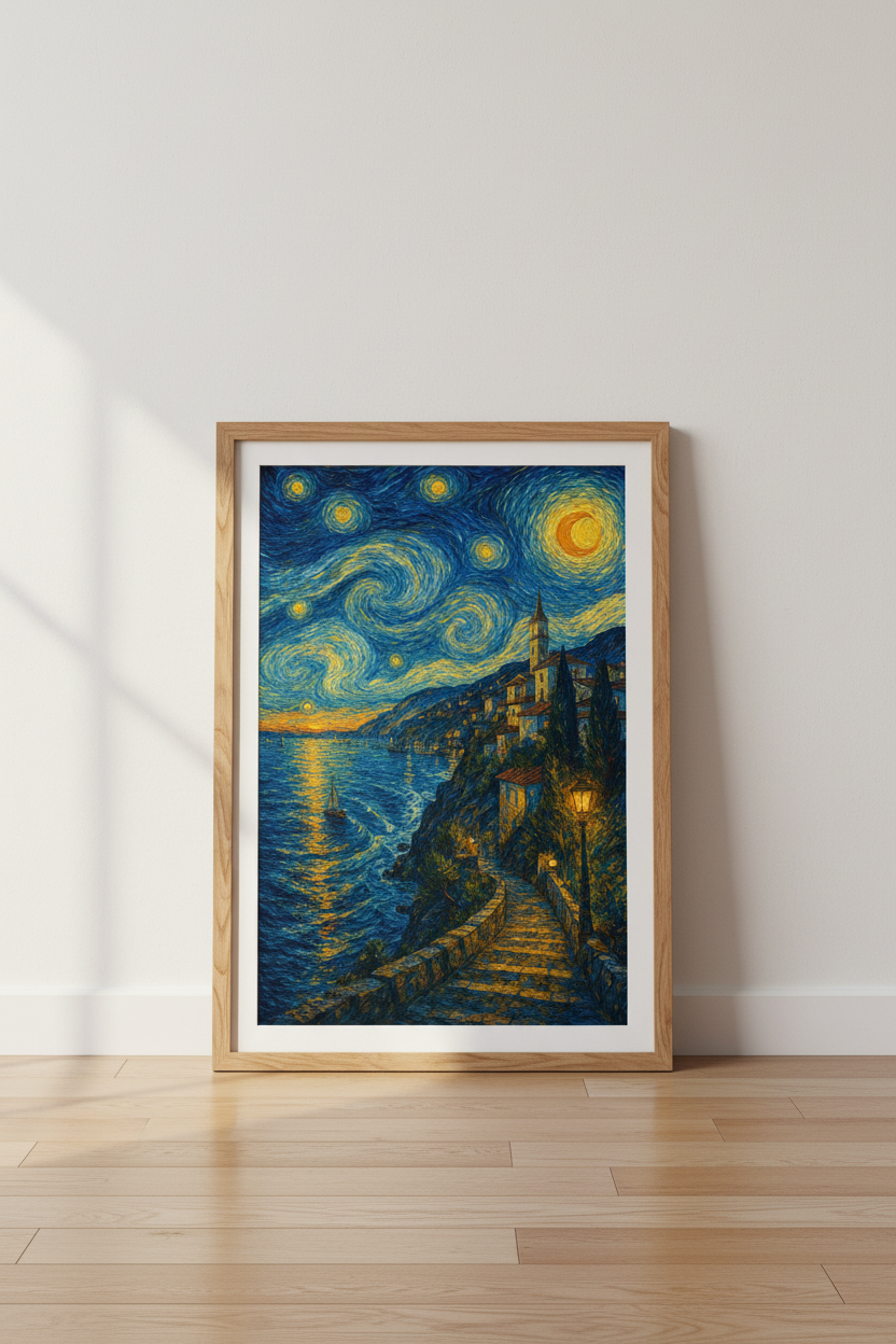 Starry Night Seascape | Impressionist Coastal Wall Art, Mediterranean Decor