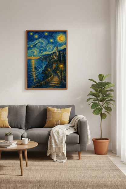 Starry Night Seascape | Impressionist Coastal Wall Art, Mediterranean Decor