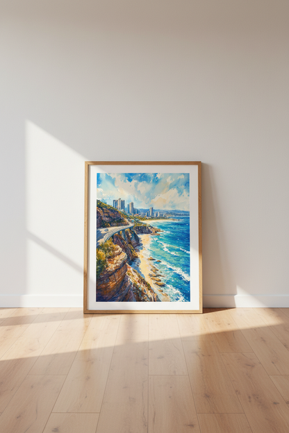 Coastal Cityscape Watercolor Print | Scenic Beach Road Wall Art | Blue Coast Poster