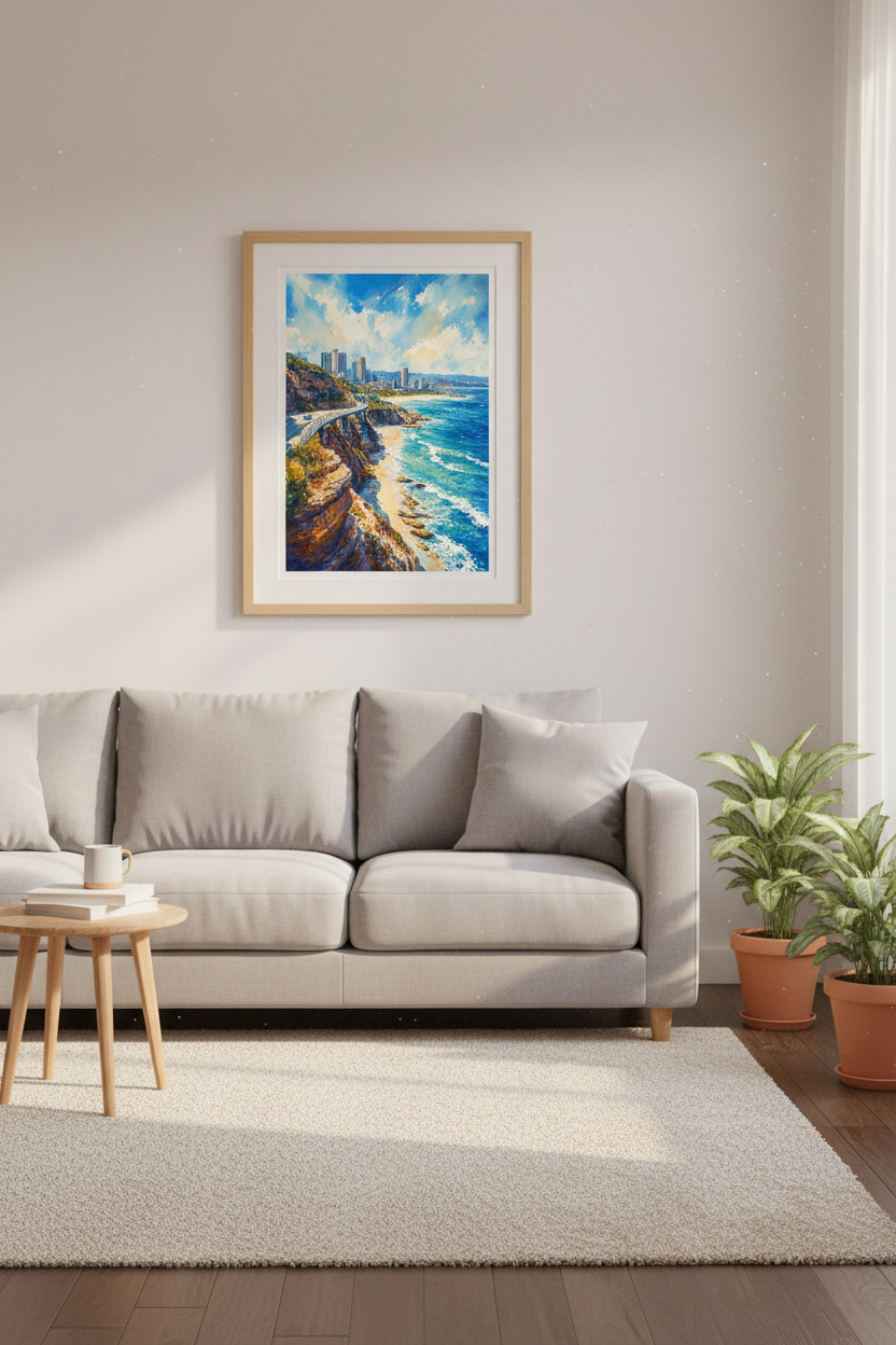 Coastal Cityscape Watercolor Print | Scenic Beach Road Wall Art | Blue Coast Poster