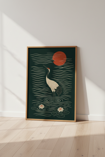 Japanese Crane Wall Art | Emerald &amp; Red Zen Bird Poster, Living Room Decor
