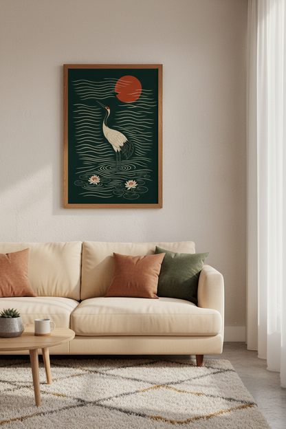 Japanese Crane Wall Art | Emerald &amp; Red Zen Bird Poster, Living Room Decor