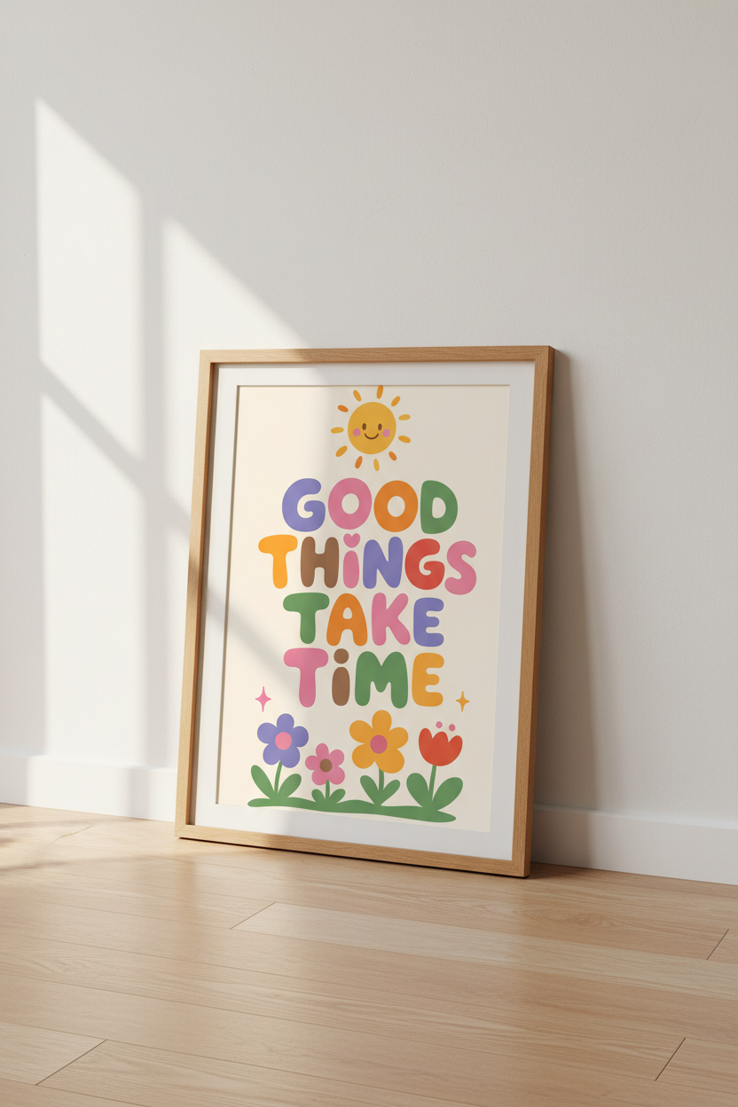 Good Things Take Time Wall Art | Retro Floral Sun Decor | Positive Quote Poster
