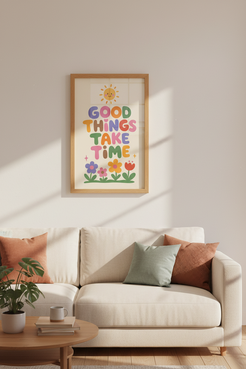 Good Things Take Time Wall Art | Retro Floral Sun Decor | Positive Quote Poster