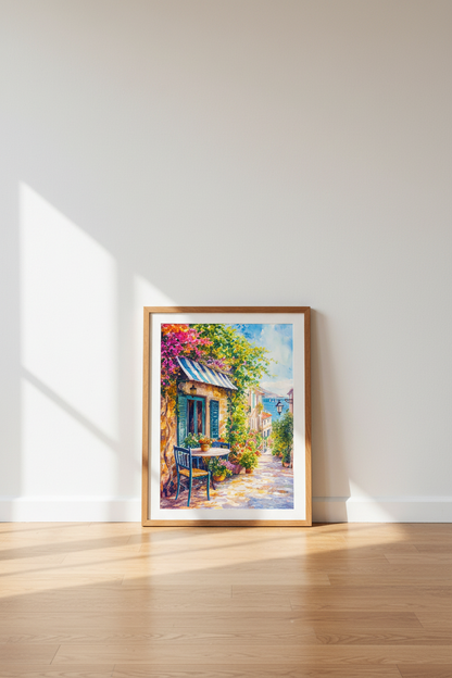 Mediterranean Coast Watercolor | Floral Village Scene, Coastal Life Poster