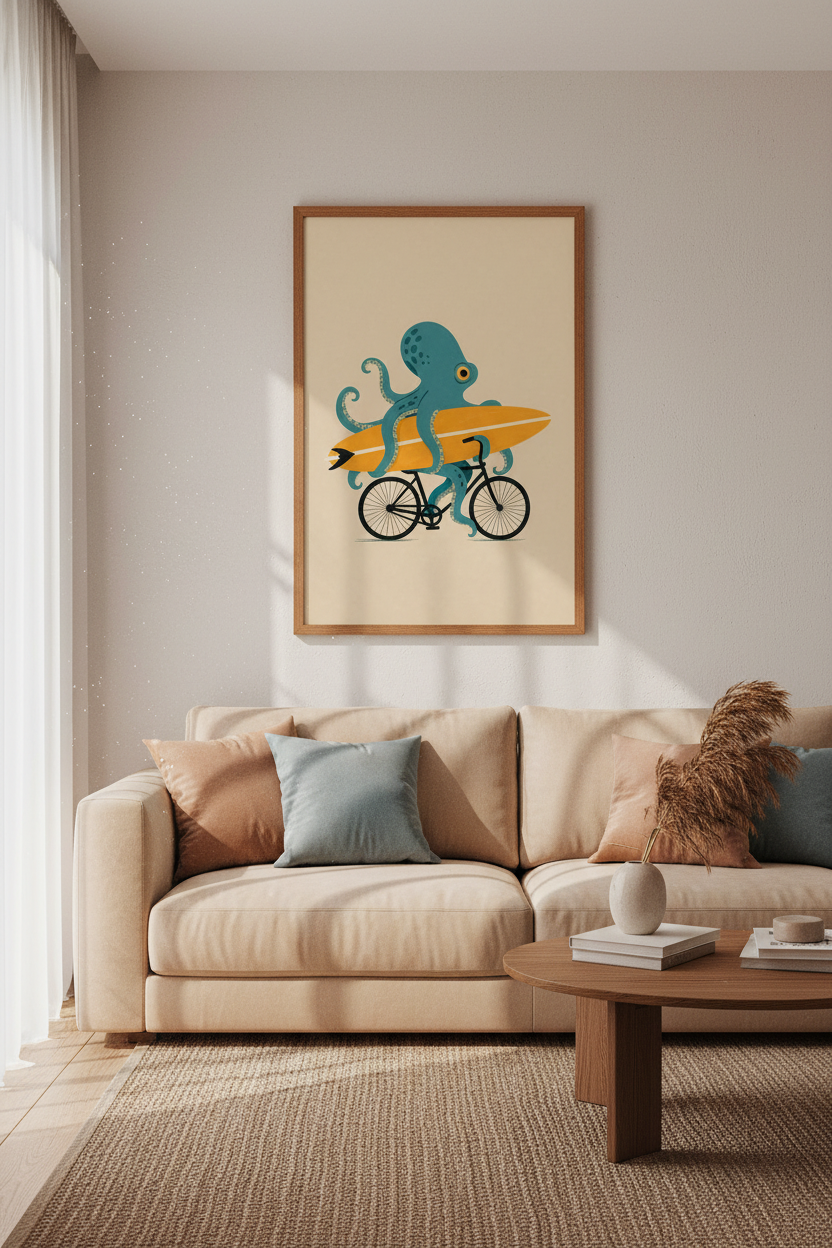 Octopus Riding Bicycle Wall Art | Surfing Octopus Poster, Beach House Decor