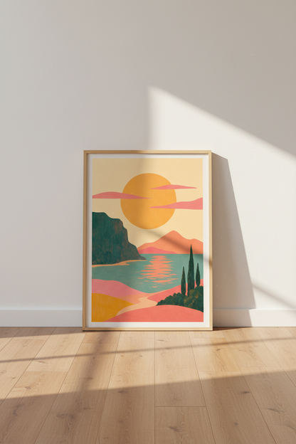 Mediterranean Sunset Landscape Wall Art | Boho Coastal Decor | Minimalist Poster Print