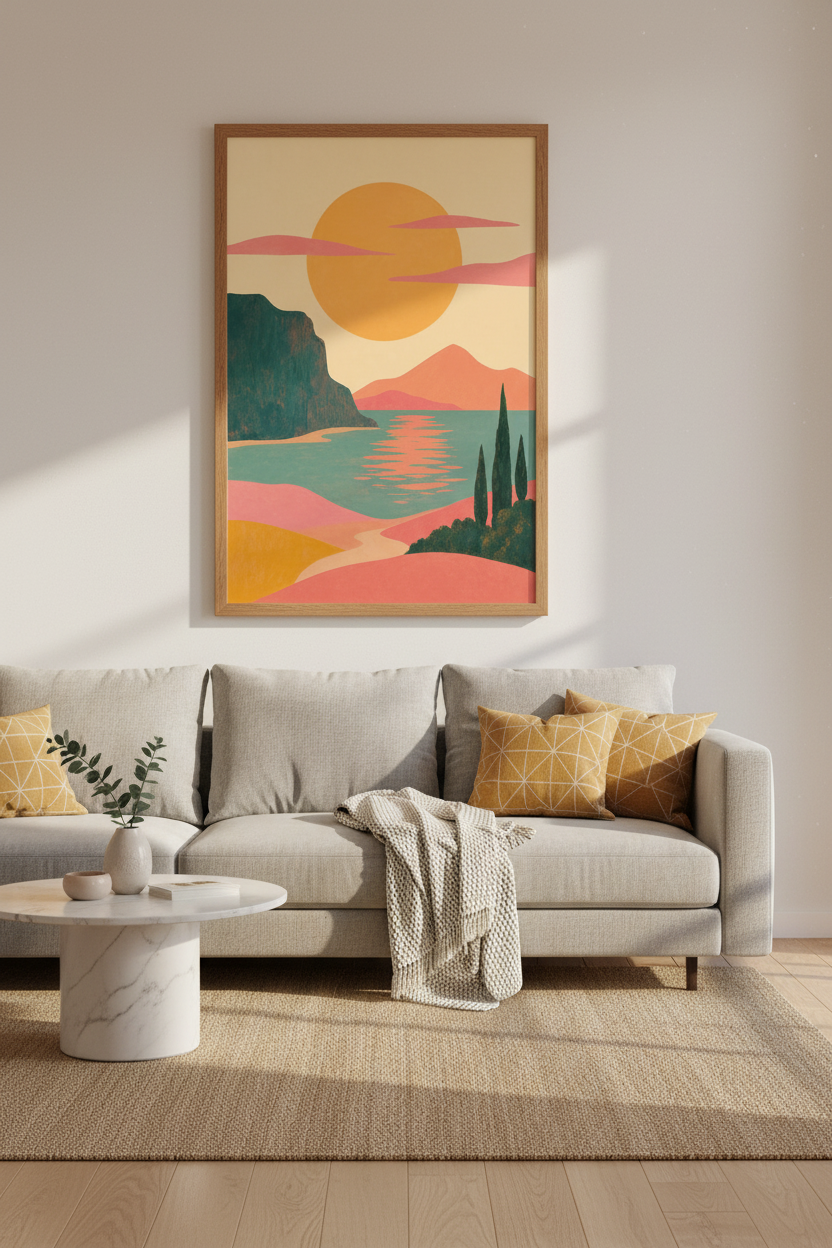 Mediterranean Sunset Landscape Wall Art | Boho Coastal Decor | Minimalist Poster Print