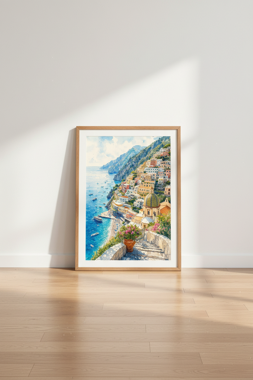 Positano Italy Watercolor Wall Art | Amalfi Coast Decor | Mediterranean Print