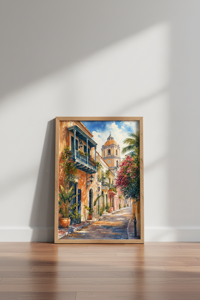 Mediterranean Street Art | Watercolor Coastal Town, Living Room Decor Poster