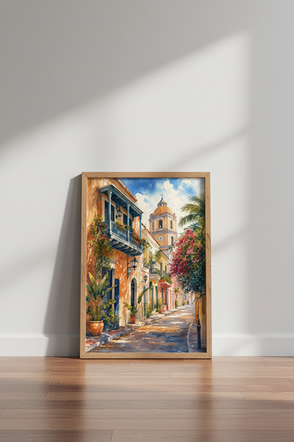 Mediterranean Street Art | Watercolor Coastal Town, Living Room Decor Poster