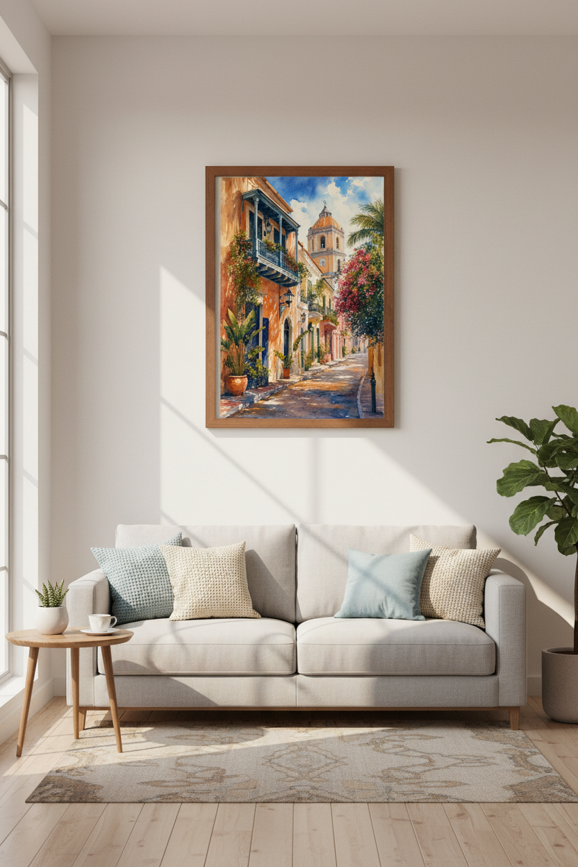 Mediterranean Street Art | Watercolor Coastal Town, Living Room Decor Poster