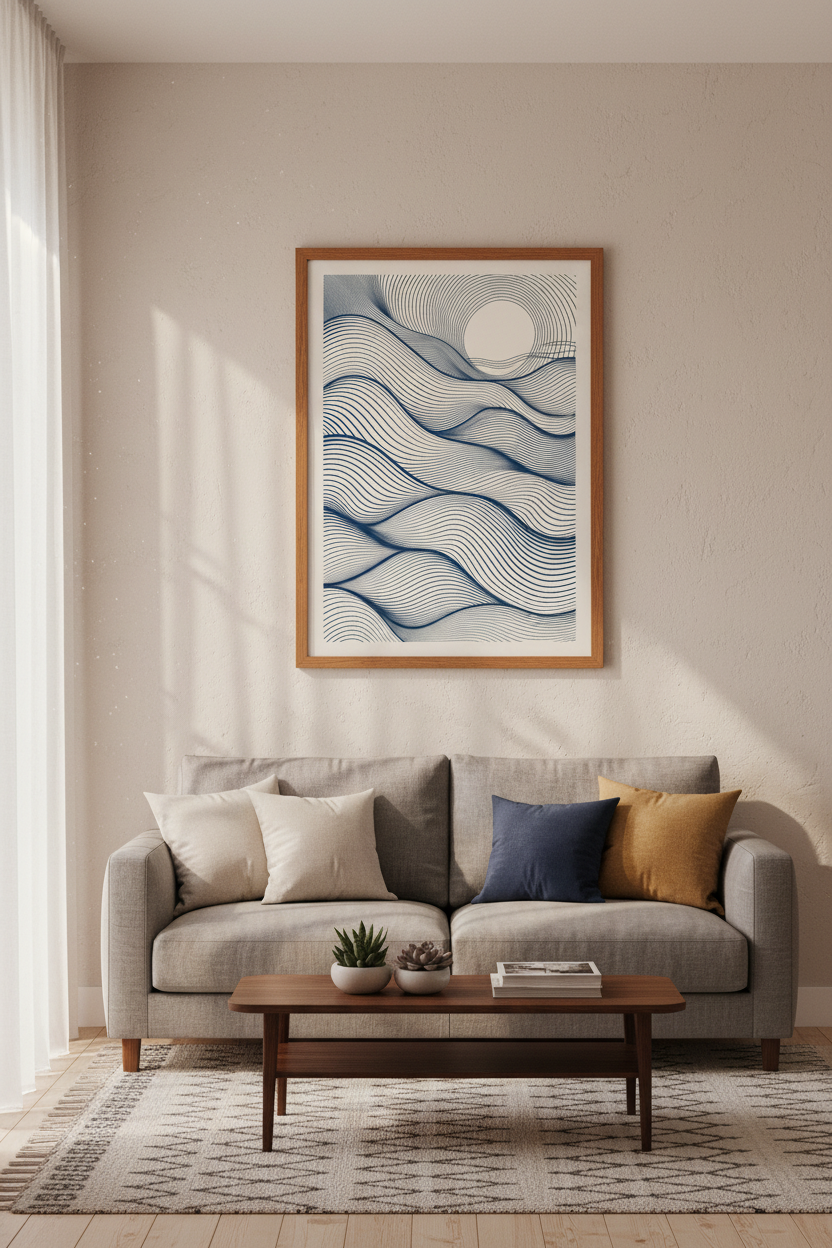 Abstract Blue Waves Wall Art | Navy Minimalist Line Poster, Modern Coastal Decor