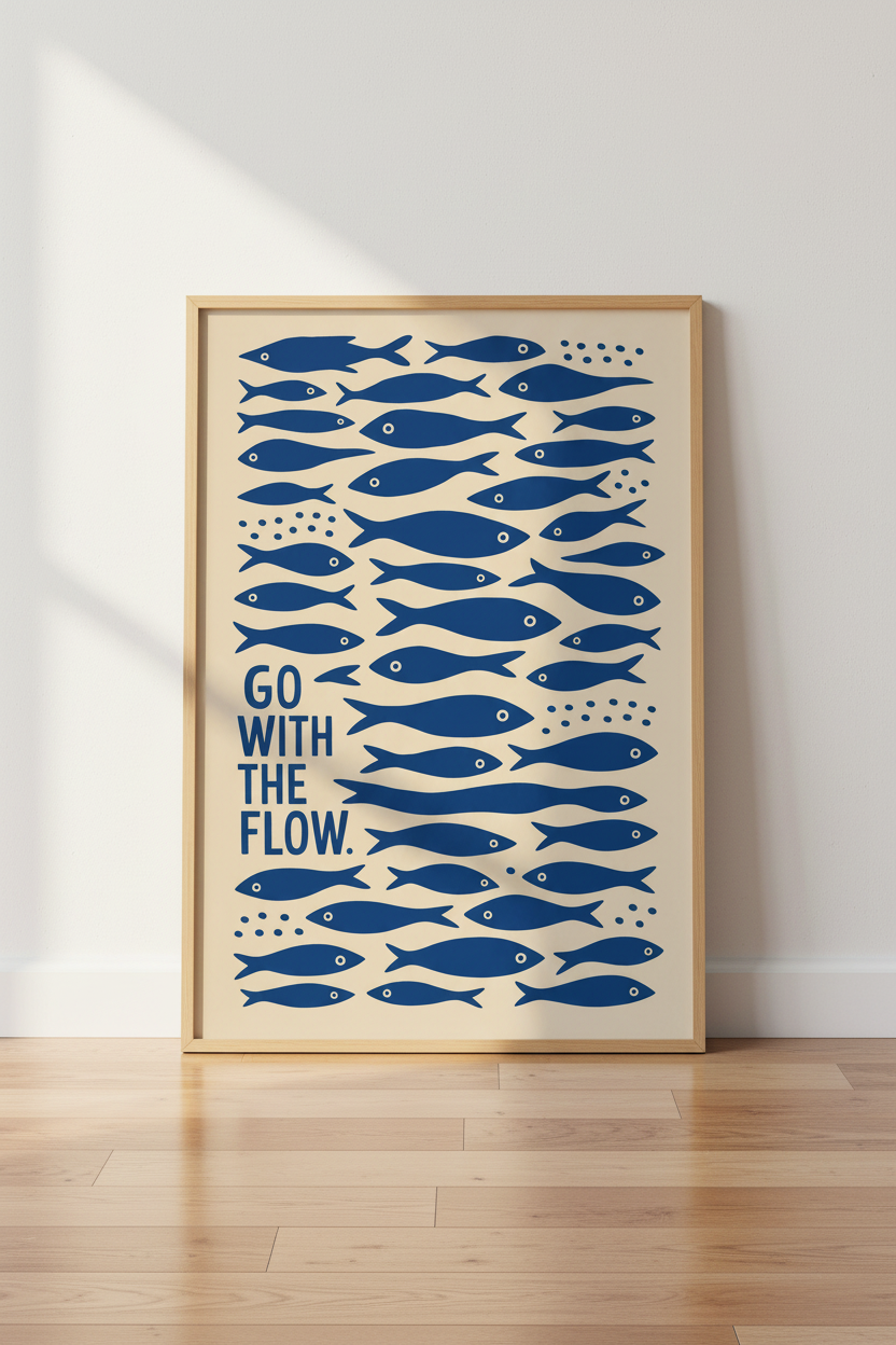 Go With The Flow Fish Art Print | Coastal Blue Wall Decor | Minimalist Poster