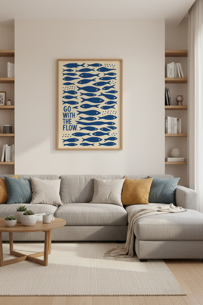 Go With The Flow Fish Art Print | Coastal Blue Wall Decor | Minimalist Poster