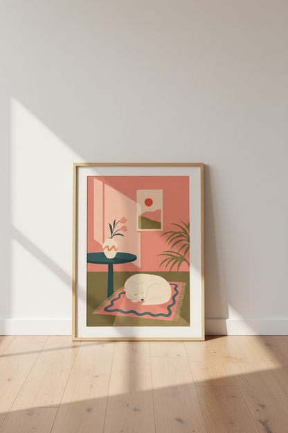 Sleeping Dog in Sunlit Room Art | Pink Boho Decor | Cozy Pet Lover Poster