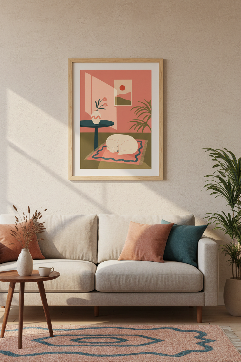 Sleeping Dog in Sunlit Room Art | Pink Boho Decor | Cozy Pet Lover Poster