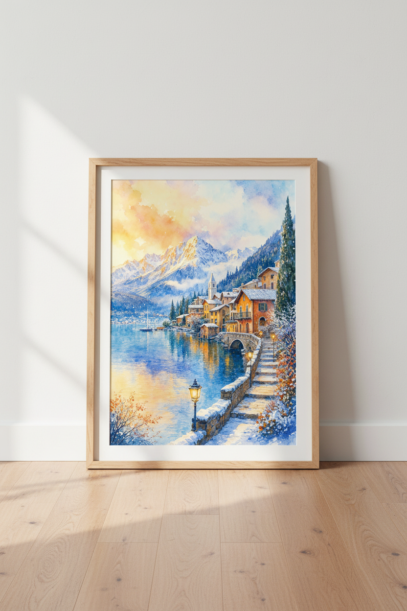 Watercolor Alpine Village Wall Art | Winter Lake Poster, Mountain Home Decor