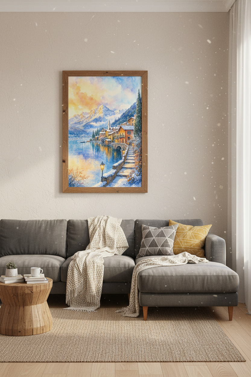 Watercolor Alpine Village Wall Art | Winter Lake Poster, Mountain Home Decor