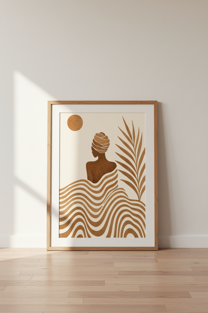 Abstract Black Woman Wall Art | Terracotta Boho Sun Print, Minimalist Bedroom Decor