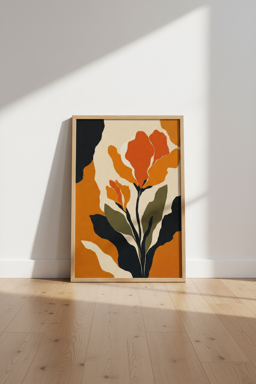 Abstract Floral Art | Burnt Orange Mid Century Modern Poster, Botanical Room Decor
